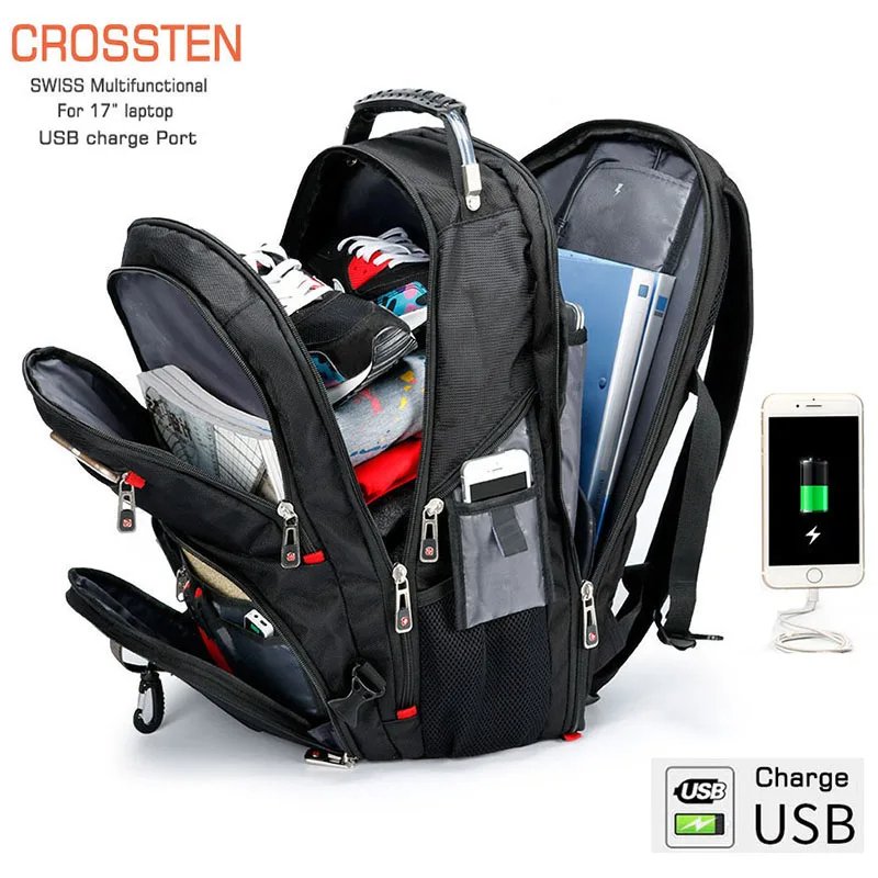 Crossten Durable 17 Inch Laptop Backpack,45L Travel Bag,College Bookbag,USB Charging Port,Water Resistant,Swiss-Multifunctional Swiss army knife backpack CROSSTEN backpack Swiss multifunctional backpack