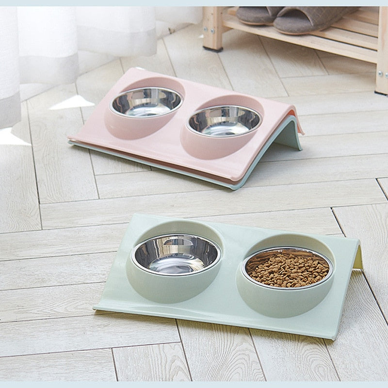 Pet Double Bowl Food Feeder Stainless Steel Cat Food Bowl Splash-proof Food Slope Plastic Non-slip Pet Dog Bowl Pet Supplies - adjustable tilt double pet bowl for cats