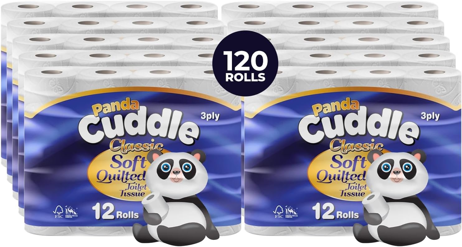 Panda Cuddle 3‑Ply Quilted Toilet Paper – Ultra Soft & Gentle Bulk Loo Rolls, Bulk Bathroom Tissue - Maxi Value Pack of 120 Rolls, Sustainable Gentle Bathroom Tissue, Unscented - Pack of 120